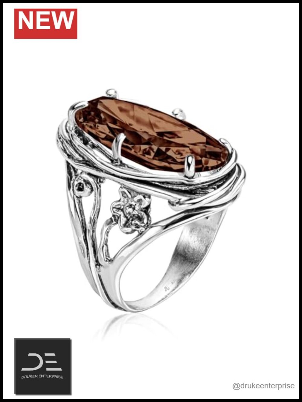 925 Sterling Silver Statement Ring Oval Cubic Zirconia Vintage Floral Wire Wrap